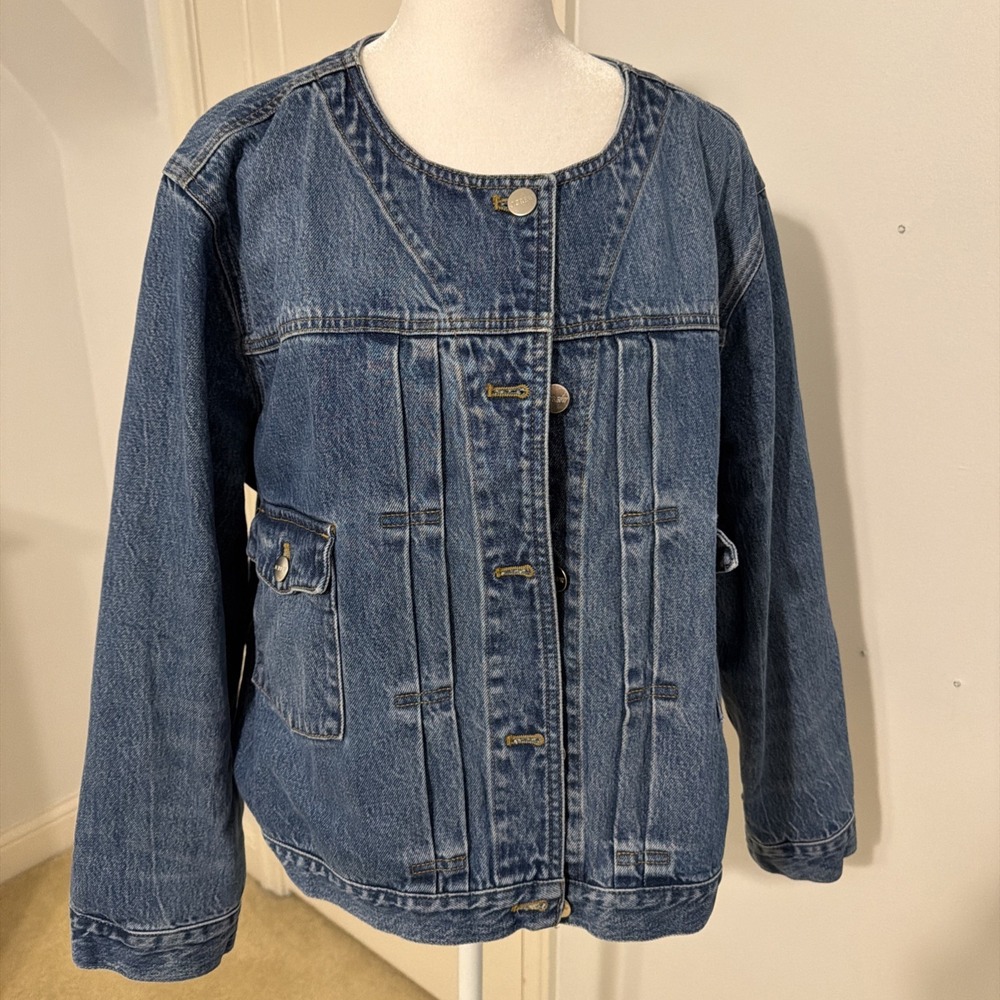 EUC J.Crew Denim LADY JACKET Round Neck Button Cropped Pleated CC952 Blue XXL - Picture 4 of 11